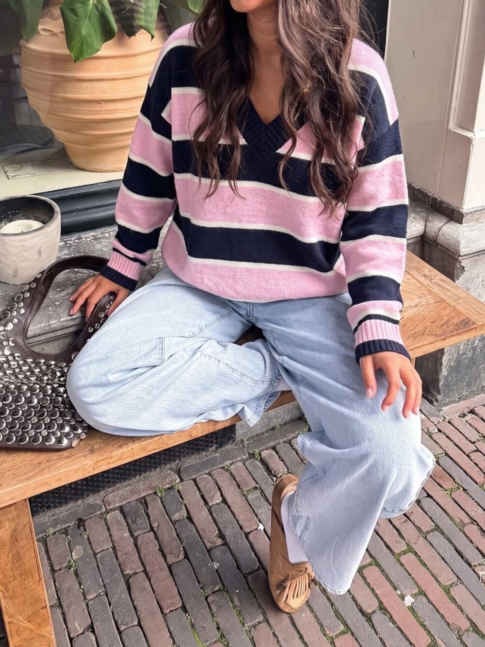 Multicolor Casual Women's Loose Fit V-Neck Colorblock Striped Pullover Sweater